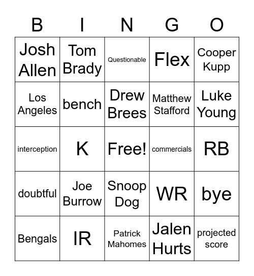 Fantasy Football Bingo Card