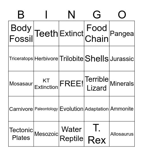 Fossil Bingo Card