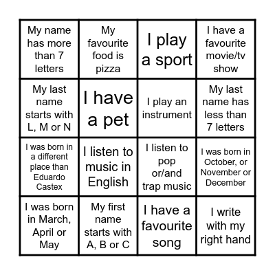 Getting to know people! Bingo Card