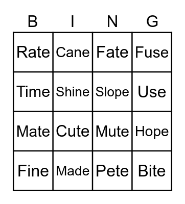 Silent-E Bingo Card