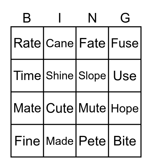 Silent-E Bingo Card