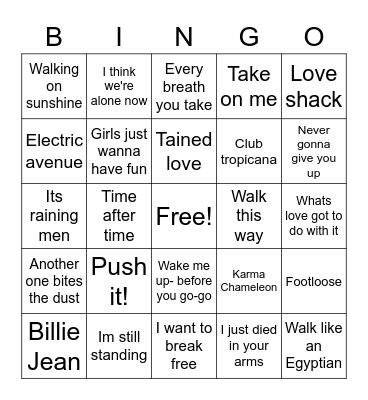 Musical 80's Bingo Card