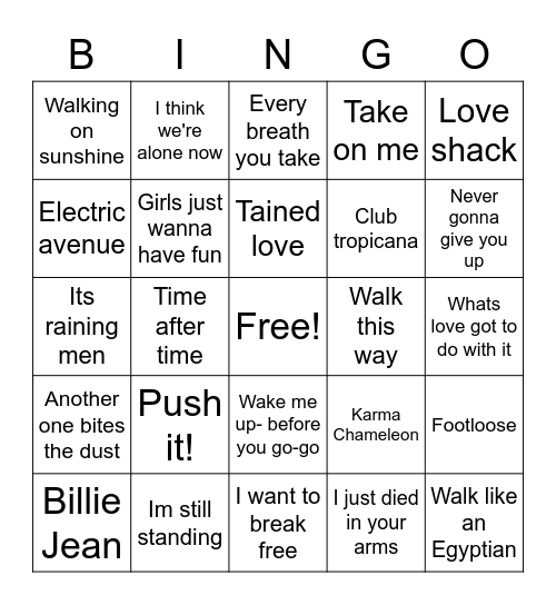 Musical 80's Bingo Card