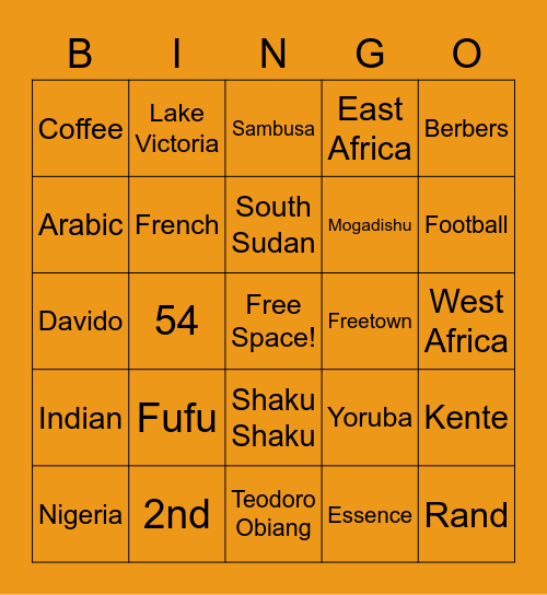 AFRICA TRIVIA Bingo Card