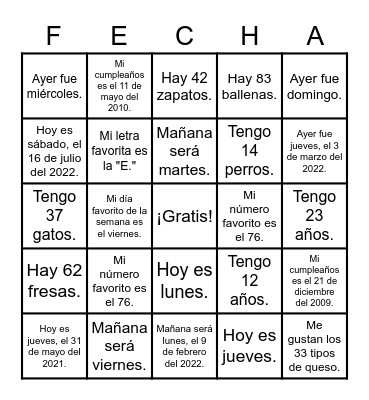 Unidad 2 Review Bingo Card