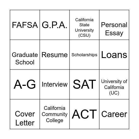 College/Career Bingo Card