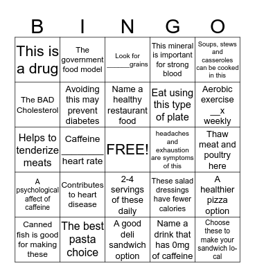 Nutrition and Good Health Bingo Card