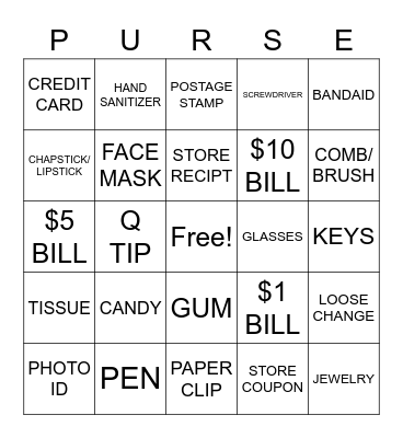 WHAT'S IN YOUR PURSE Bingo Card