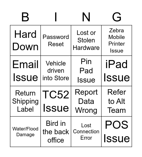 Store Support Bingo Card