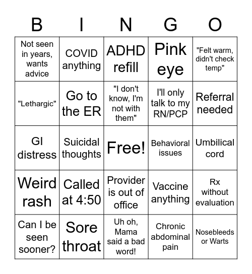 Triage Bingo Card