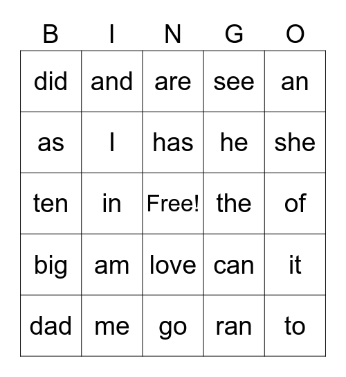 Snap Words! Bingo Card