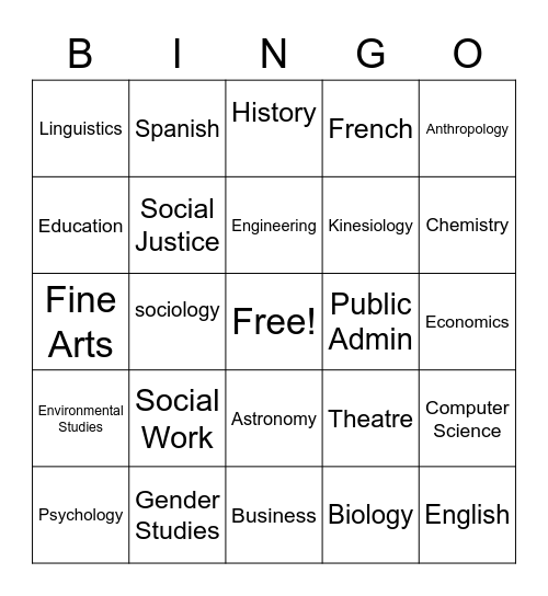 Departments/Programs Bingo Card