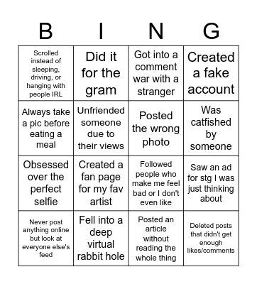 Social media Bingo Card