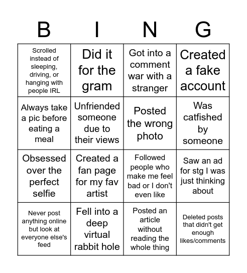 Social media Bingo Card