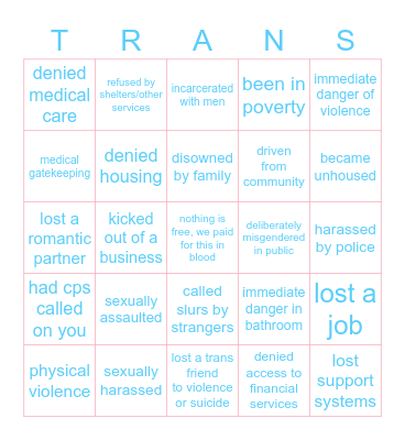 more realistic trans bingo Card