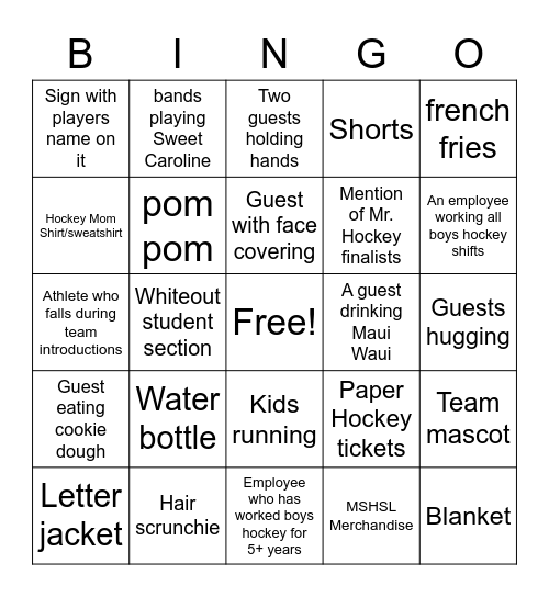 Boys Hockey Bingo Card