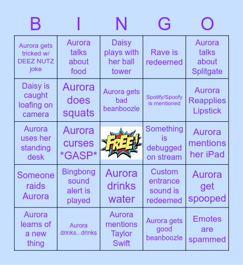 Aurora's Birthday Bingo Card