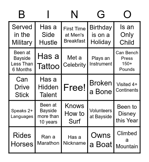 Men's Breakfast Bingo Card