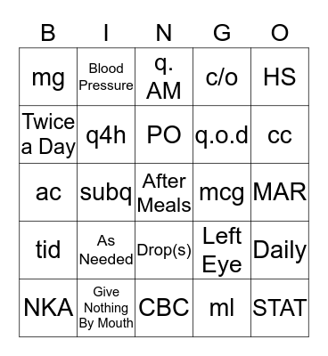 Medical Bingo Card