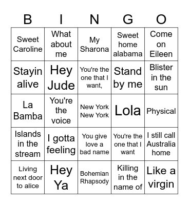 SNB Sing-a-long songs Bingo Card