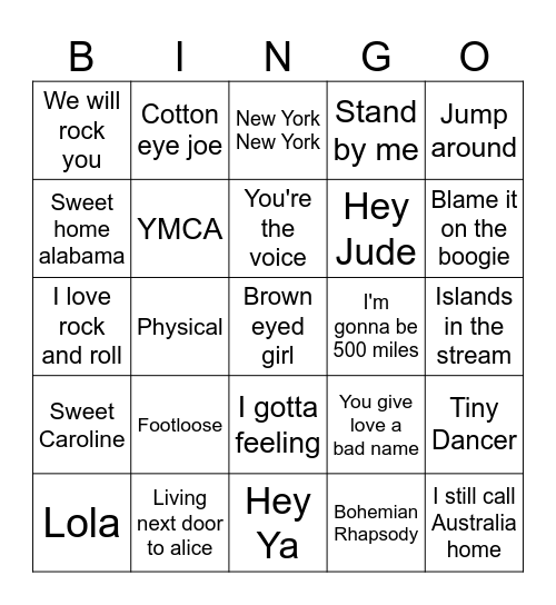 Sing-a-long songs Bingo Card