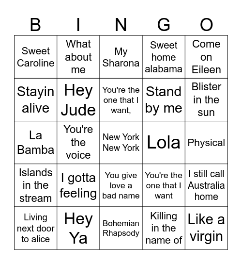 SNB Sing-a-long songs Bingo Card