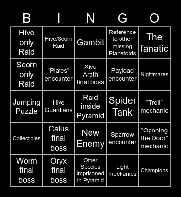 Raid Day Bingo Card