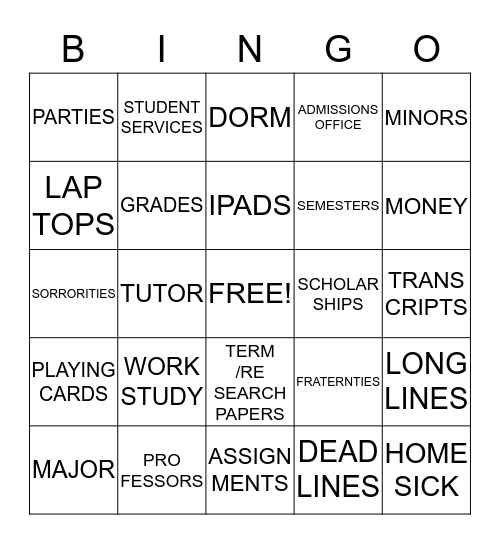 Ishmael's College Bingo Game Bingo Card