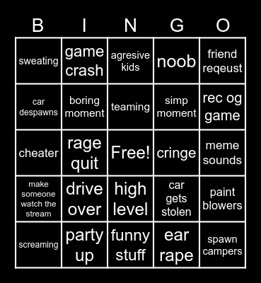Rec room Bingo Card