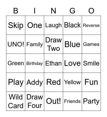 Ethan's Uno Bingo Game Bingo Card