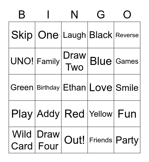 Ethan's Uno Bingo Game Bingo Card