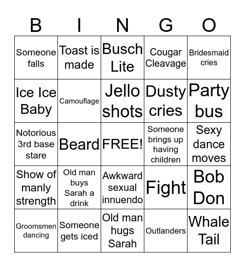 Bachelorette Party Bingo Bingo Card