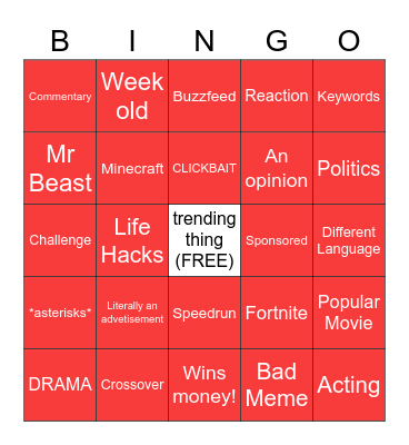 youtube trending Bingo Card