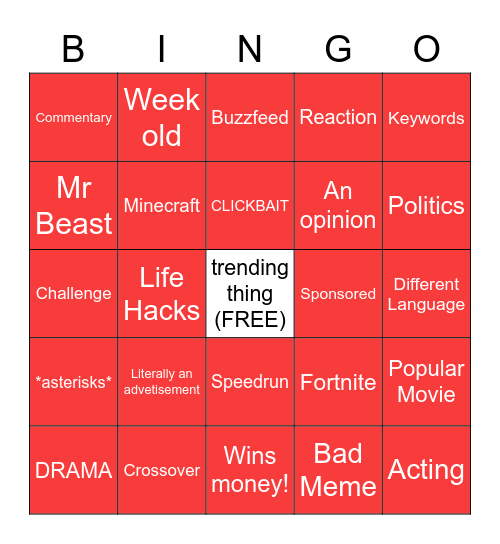 youtube trending Bingo Card