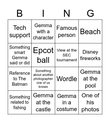 Jonathan on Vacation BINGO Card