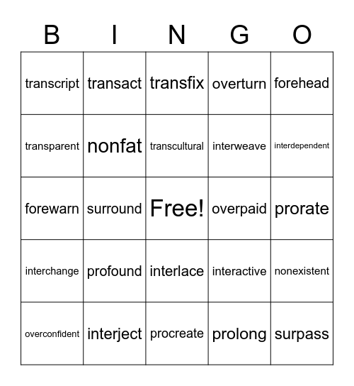 Prefix Bingo Card