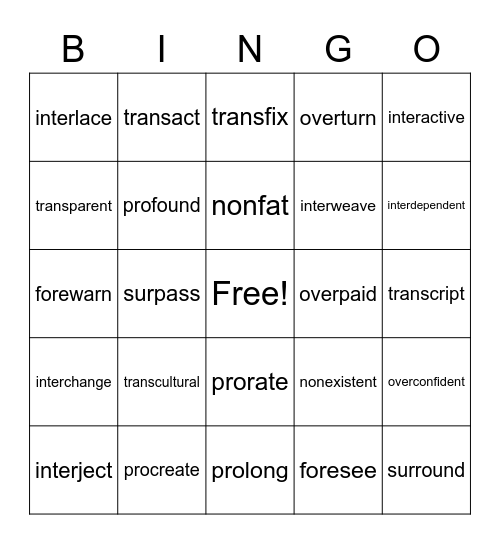 Prefix Bingo Card