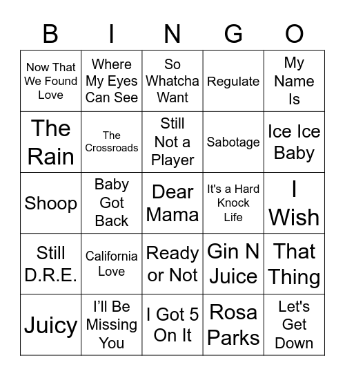 90's Hip Hop Bingo Card