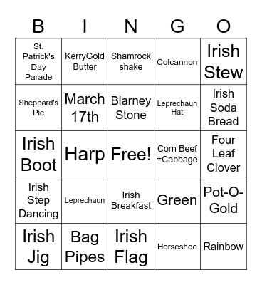 St. Patrick's Day Bingo Card