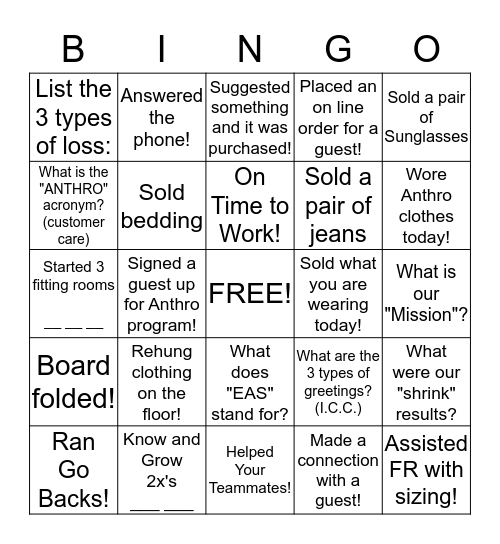 Anthro BINGO!! Bingo Card