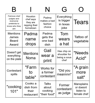 Top Chef Bingo Card