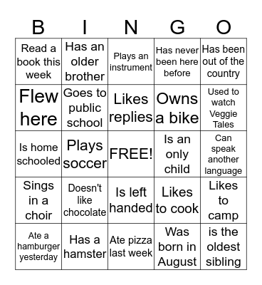 Getting to Know You Bingo Card