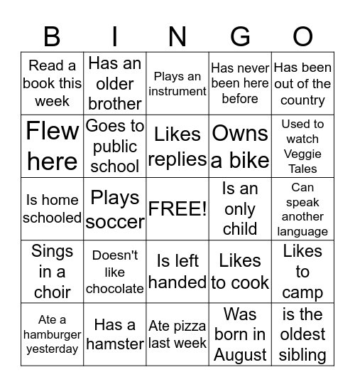 Getting to Know You Bingo Card