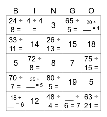 Division Fact Bingo Card