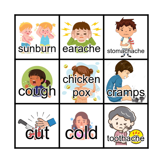 Ailments / ilnesses vocabulary Bingo Card