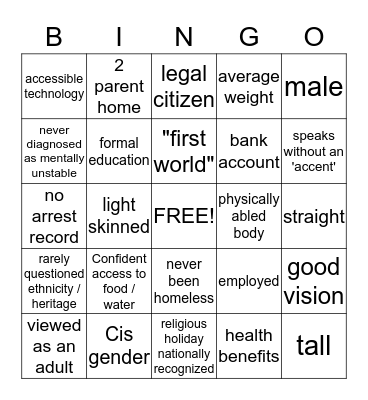Privilge Bingo Card