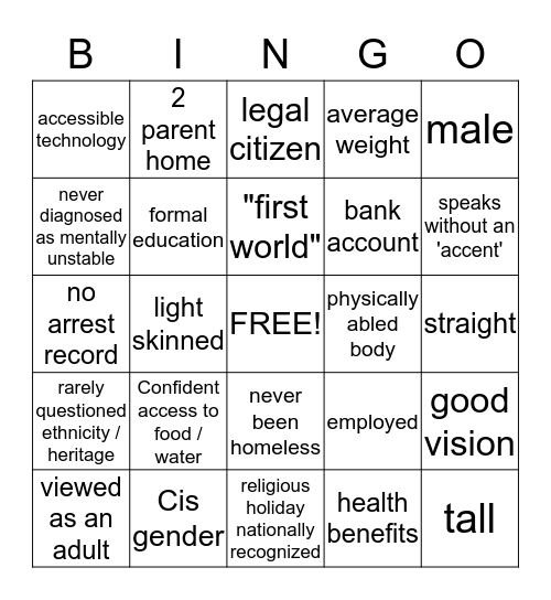 Privilge Bingo Card