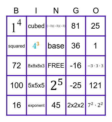 Intro to Exponents BINGO Card