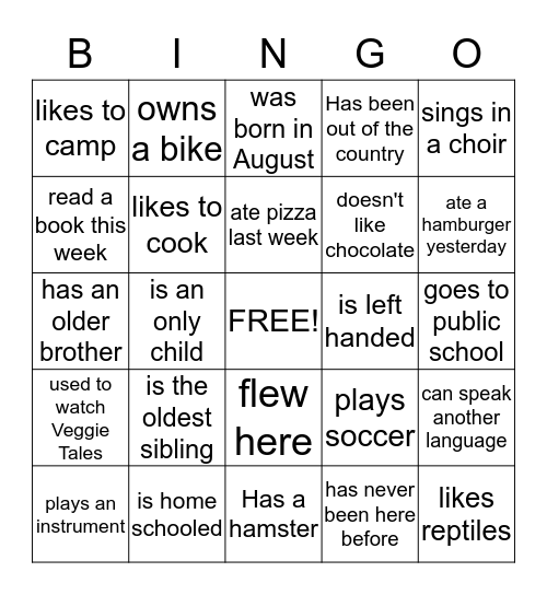 Getting to Know You Bingo Card