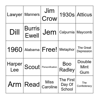 To Kill a Mockingbird Bingo Card